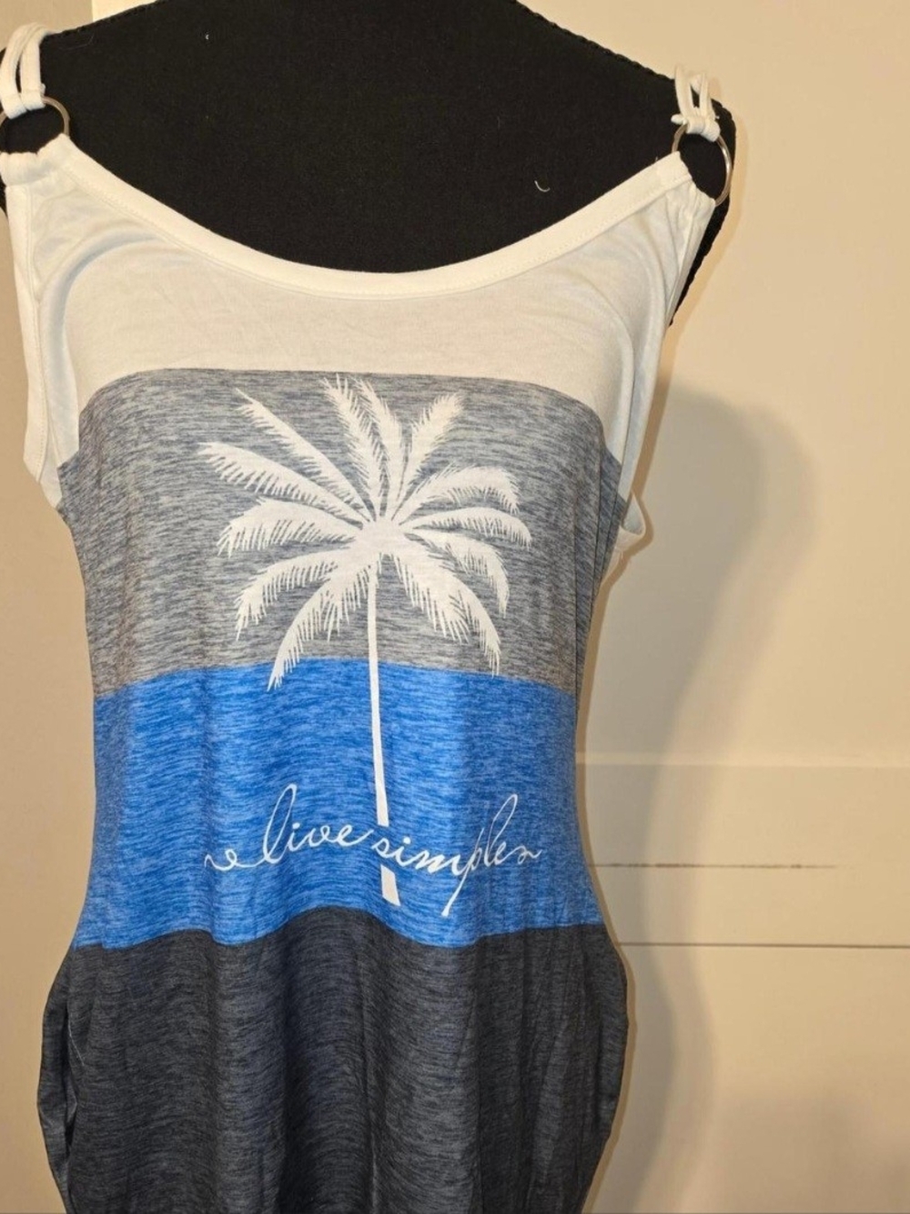 Casual Palm-Graphic Mini Dress in White, Gray & Blue